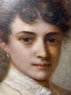 1885 - Peinture à l'huile du XIXe siècle sur toile ancienne signée, Portrait d'une Dame