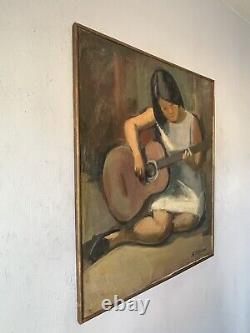 A Teramura Antique Japonaise Guitar Femme Peinture À L'huile Vieux Vintage Modern 1950