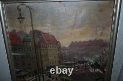 Allemagne Le marché aux vivres VIKTUALIENMARKET à Munich Ancienne grande peinture à l'huile sur toile