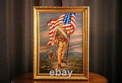 Amazing Patriotic World War I Soldier Portrait Antique Peinture À L'huile Militaria