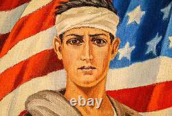 Amazing Patriotic World War I Soldier Portrait Antique Peinture À L'huile Militaria