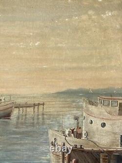 Ancien Bateau Nautique Dock Fisherman Seascape Peinture À L'huile Vieux Duc 1946