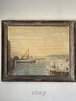 Ancien Bateau Nautique Dock Fisherman Seascape Peinture À L'huile Vieux Duc 1946
