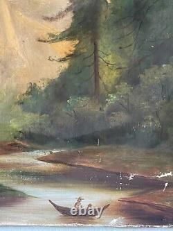 Ancien Paysage Antique Impressionniste Peinture À L'huile Old Lake Snow Mountains