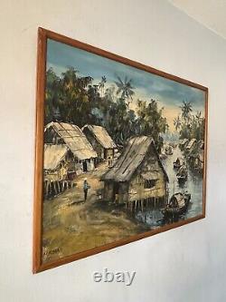 Ancien Paysage Vietnamien Figuratif Village Peinture À L'huile Vieux Moderne Asiatique 60