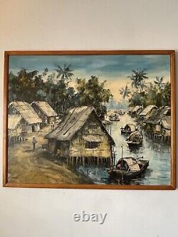 Ancien Paysage Vietnamien Figuratif Village Peinture À L'huile Vieux Moderne Asiatique 60