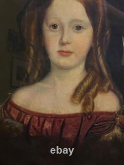 Ancien portrait américain antique à l'huile d'une jeune fille rousse enfant à Pittsburgh