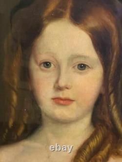 Ancien portrait américain antique à l'huile d'une jeune fille rousse enfant à Pittsburgh