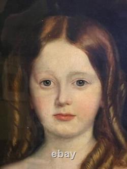 Ancien portrait américain antique à l'huile d'une jeune fille rousse enfant à Pittsburgh