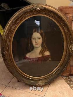 Ancien portrait américain antique à l'huile d'une jeune fille rousse enfant à Pittsburgh