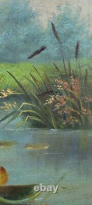 Ancien rare vintage antique peinture à l'huile de la grue de Floride des années 1880-1890 par les Highwaymen