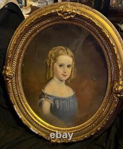 Ancien tableau à l'huile de portrait américain antique d'une jeune fille blonde enfant à Pittsburgh PA