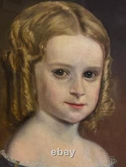 Ancien tableau à l'huile de portrait américain antique d'une jeune fille blonde enfant à Pittsburgh PA