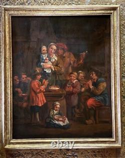 Ancienne Famille Hollandaise Huile Paysans Sur Toile Goût Teniers Enfants Encadré Gil 18ème