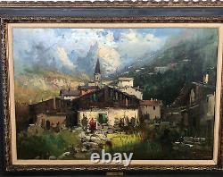Ancienne Peinture À L'huile Originale Paysage Montagnes Alpes Bâtiments Signé