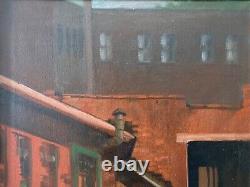 Ancienne peinture à l'huile de paysage urbain industriel de l'ère WPA des années 1950
