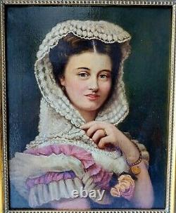 Antique 19ème C. Peinture À L'huile Portrait D'une Belle Femme Italienne Grand Cadre