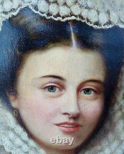 Antique 19ème C. Peinture À L'huile Portrait D'une Belle Femme Italienne Grand Cadre