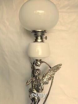 Antique 19ème Magnifique Grande Lampe à l'Huile Kérosène Figurative Wmf de 30' Ange & Enfant