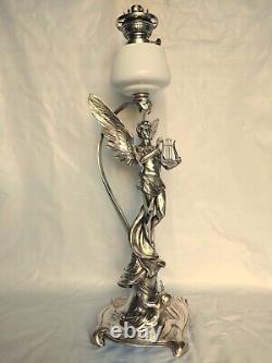 Antique 19ème Magnifique Grande Lampe à l'Huile Kérosène Figurative Wmf de 30' Ange & Enfant