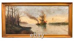 Antique 19ème Siècle Encadré Grand Tableau Original Espagnol de Paysage Marin à l'Huile sur Toile