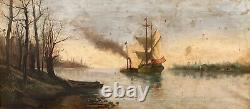 Antique 19ème Siècle Encadré Grand Tableau Original Espagnol de Paysage Marin à l'Huile sur Toile