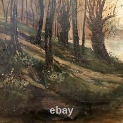 Antique 19ème Siècle Encadré Grand Tableau Original Espagnol de Paysage Marin à l'Huile sur Toile