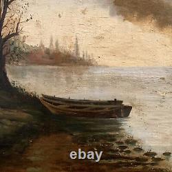 Antique 19ème Siècle Encadré Grand Tableau Original Espagnol de Paysage Marin à l'Huile sur Toile