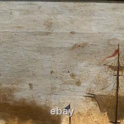 Antique 19ème Siècle Encadré Grand Tableau Original Espagnol de Paysage Marin à l'Huile sur Toile