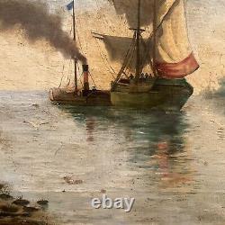 Antique 19ème Siècle Encadré Grand Tableau Original Espagnol de Paysage Marin à l'Huile sur Toile