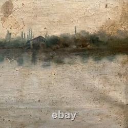 Antique 19ème Siècle Encadré Grand Tableau Original Espagnol de Paysage Marin à l'Huile sur Toile