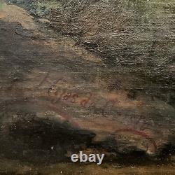 Antique 19ème Siècle Encadré Grand Tableau Original Espagnol de Paysage Marin à l'Huile sur Toile