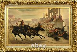 Antique A. Checa Huile sur toile, scène romaine combat Colisée