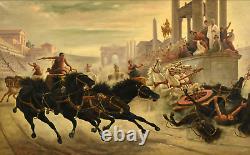 Antique A. Checa Huile sur toile, scène romaine combat Colisée