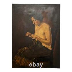 Antique Début Du 20ème Siècle 40x 30 Portrait D'huile Peinture D'une Femme Sans Chemise