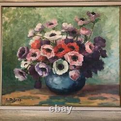 Antique Français Floral Impressionniste Peinture À L'huile Sur Toile Nature Morte Fleurs