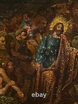 Antique Huile sur panneau Peinture Christ Religion Cadre en bois Caractère Rare Vieux 19ème