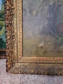 Antique Large Oil Landscape Impressionist Gesso Framed Ornat Walk 48x36 1910 B4
