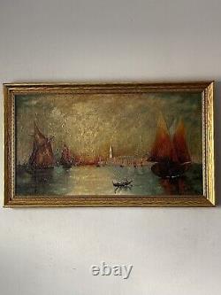 Antique MID Century Modern Abstract Boat Paysage Peinture À L'huile Vieille Venise 1950