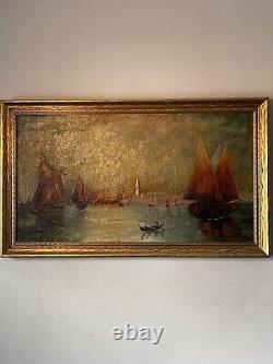 Antique MID Century Modern Abstract Boat Paysage Peinture À L'huile Vieille Venise 1950