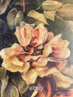 Antique Old Victorian Era Art Nouveau Roses Nature Morte Peinture À L'huile Florale Art