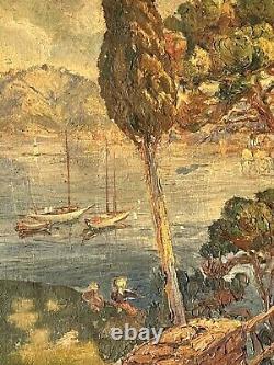 Antique Plein Air Landscape Impressionnaire Oil Painting Old Sailboat Ocean 1940s