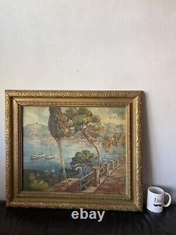 Antique Plein Air Landscape Impressionnaire Oil Painting Old Sailboat Ocean 1940s