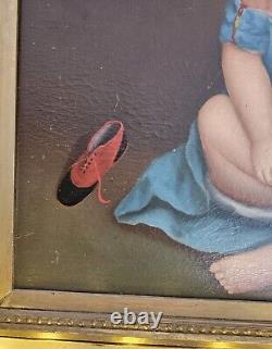 Antique Primitive Huile sur Toile Enfant en Robe Turquoise et Chaussures Rouges Milieu du XIXe siècle