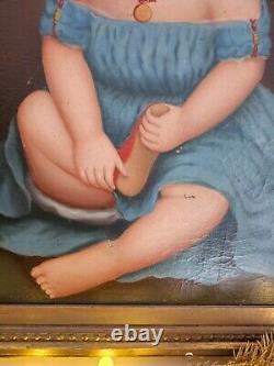 Antique Primitive Huile sur Toile Enfant en Robe Turquoise et Chaussures Rouges Milieu du XIXe siècle