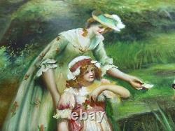 Antique Signé Peinture À L'huile 20 X 24 Eastlake Cadre Dame Fille Cygne Original