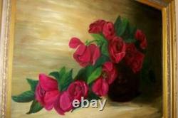 Antique Victoria Roses Oil Painting 1911 Canvas Office Signé 18 X 24 Reframé