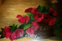 Antique Victoria Roses Oil Painting 1911 Canvas Office Signé 18 X 24 Reframé