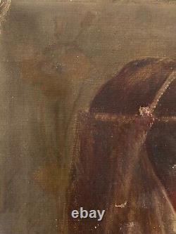 Antique Vieux 19ème C. Art Nouveau Réalisme Social Mariage Portrait Peinture À L'huile