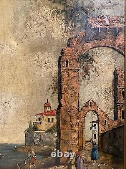 Antiquité. 1934 Peinture à l'huile de paysage urbain architectural italien de Rome, signée.
